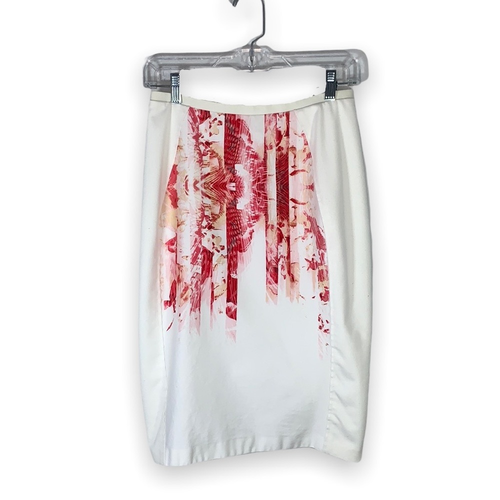 T Tahari Red White Paint Splash Abstract Print Pencil Skirt Size 4 Workwear